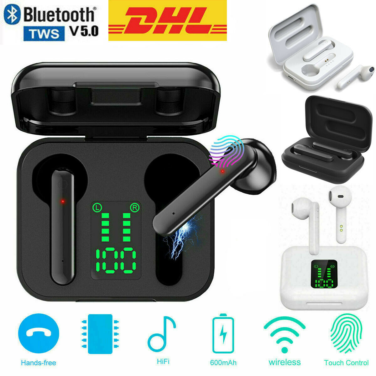 Bluetooth 5.0 Kopfhörer In-Ear Kabellos Mini Ohrhörer Stereo Headset TWS mit Mic 